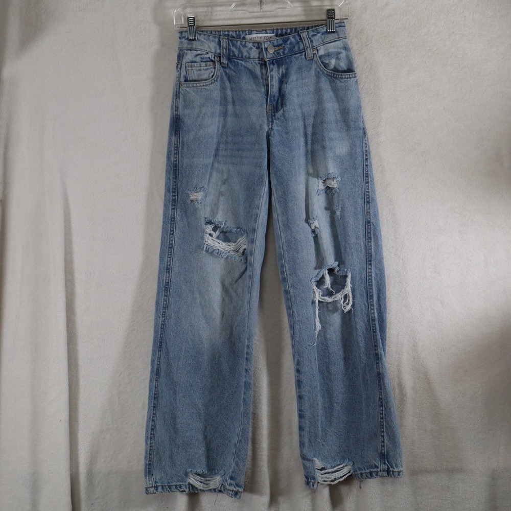 Witty Fox Womens Jeans Distressed Straight Leg Denim Sz 00/24 Light Blue Wash